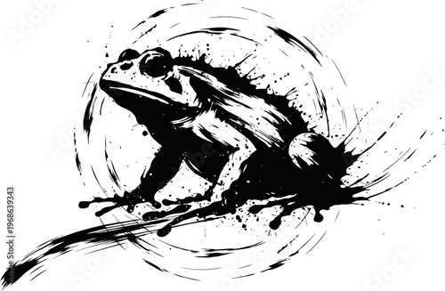 Black ink toad splash art abstract amphibian silhouette with grunge paint splatter and circular brush stroke design