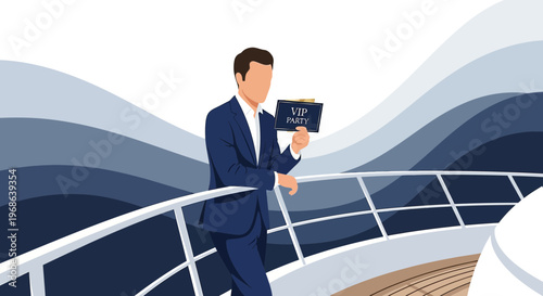 Man in Suit on Yacht Holds VIP Party Invitation Card
