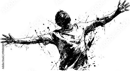 dynamic black and white ink splash illustration of a man with outstretched arms expressing freedom and energy
