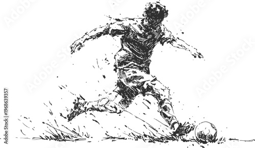 Dynamic soccer player kicking ball ink male football athlete action pose sports motion illustration