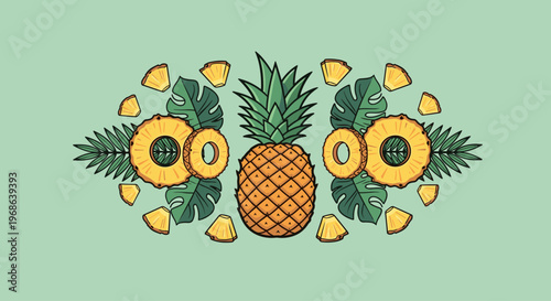 An illustration of a pineapple with slices and leaves on a green background, conveying a fresh and tropical mood.