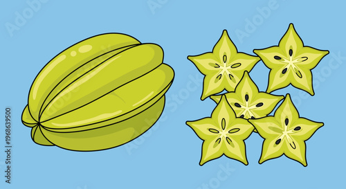 A vibrant illustration of a whole starfruit and sliced starfruit pieces on a blue background, conveying freshness and health.