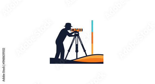 Silhouette icon of a surveyor using a theodolite or level with a measuring rod on uneven terrain, isolated white background