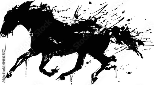 Black ink splash horse silhouette in running motion abstract dynamic wild animal painting