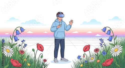 Man in VR headset exploring digital world amidst a vibrant wildflower meadow