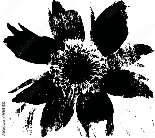 black ink floral silhouette on white background abstract flower with detailed petals and textured brush strokes