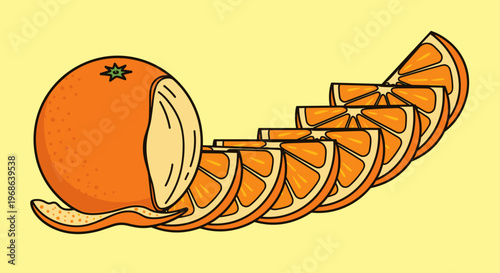 A vibrant comic-style illustration of a sliced orange, perfect for designs needing a pop of color and freshness.