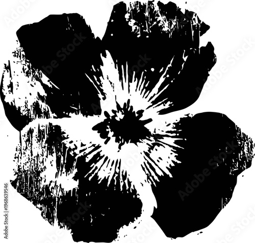 grunge black and white flower silhouette with textured distressed petals and detailed center