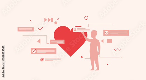 Man interacting with a large red heart and digital elements, symbolizing feedback or connection