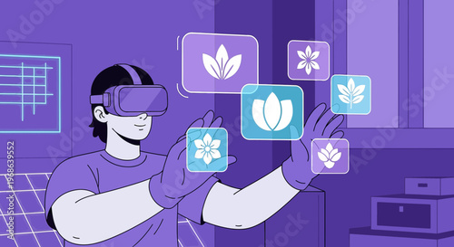 Man in VR headset interacting with digital floral icons, metaverse gardening concept
