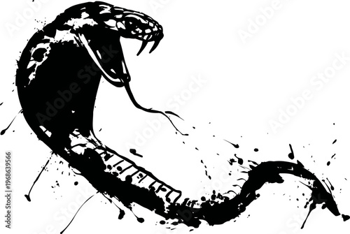 Abstract snake ink drawing with open mouth and flicking tongue, black silhouette splash art design