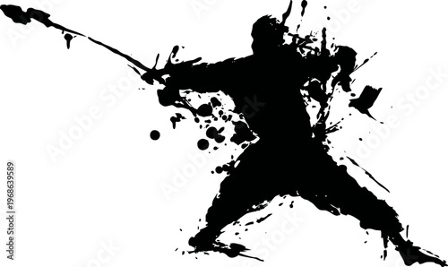 Dynamic samurai silhouette with paint splatter effect, ink warrior art design