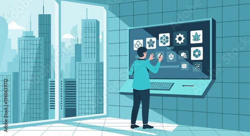 Man Interacting with Futuristic Digital Interface Displaying Icons