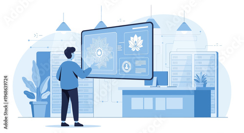 Man Interacting with Futuristic Digital Display Showing Floral Graphics