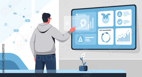 Man Interacting with Futuristic Digital Interface on Large Screen