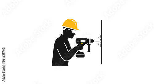 Silhouette icon of a construction worker wearing hard hat drilling into a wall, isolated white background