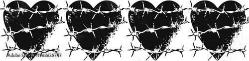 Four black hearts wrapped in barbed wire on white, symbolizing pain, heartbreak, and emotional struggle