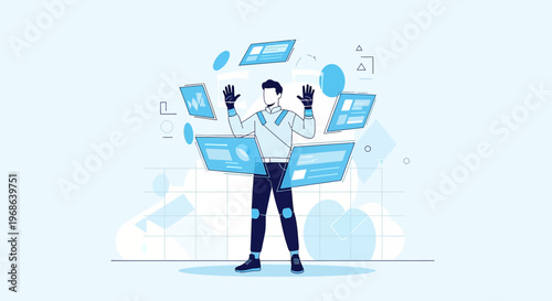 Man Interacting with Futuristic Holographic Displays in Virtual Reality