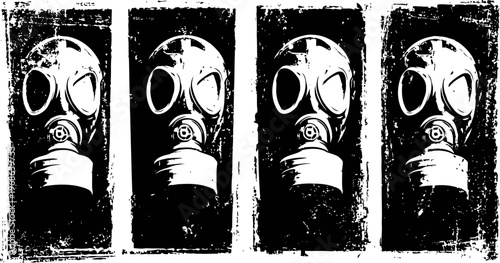 Repeating distressed gas mask illustration in black and white, grunge art with high contrast