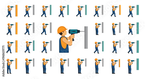 Set of construction worker drilling into a wall with power drill in various poses, isolated white background
