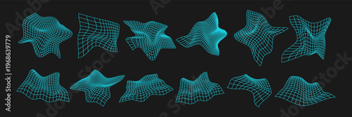 Distorted grids design elements set. Wireframe wave geometry mesh on black background. Vector illustration.