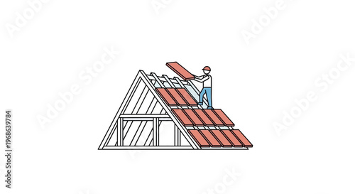 Two construction workers installing roof tiles on a house frame structure, isolated white background