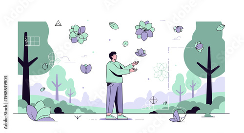 Man Juggling Abstract Flowers in a Stylized Forest Landscape Illustration