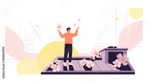 Man Juggling Flowers Above Zen Garden with Abstract Shapes