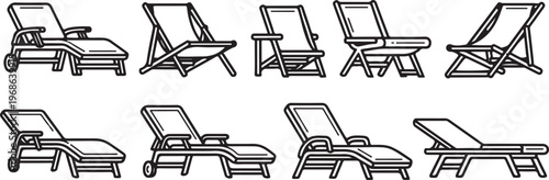 Schilderij op canvas A collection of various folding chairs in line art style Vector