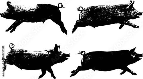 black silhouette illustrations of pigs in various running and standing poses isolated on white