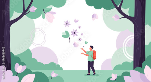 Man Juggling Flowers in Enchanted Forest with Abstract Shapes