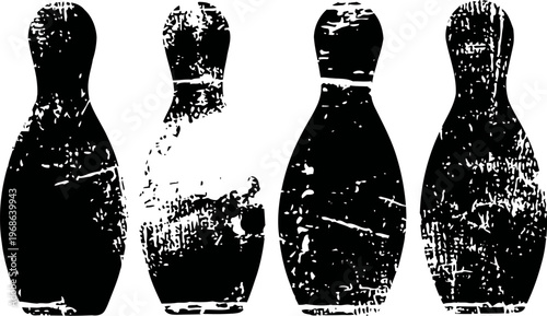 distressed black bowling pins silhouettes set on white background vintage textured sport game elements