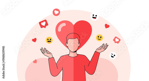 Man juggling hearts and social media icons, love and connection concept