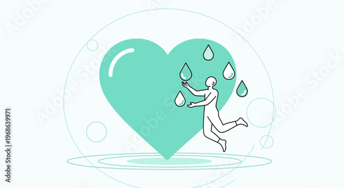 Man juggling water drops around a large teal heart, abstract concept