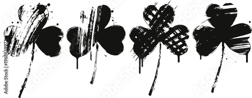 grunge black clover leaves with paint stroke texture isolated on white background