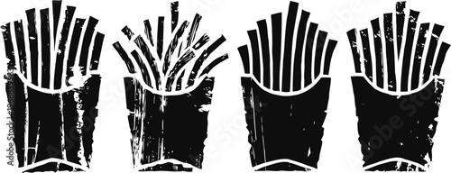 French fries in black containers arranged in a row with varying amounts and shapes