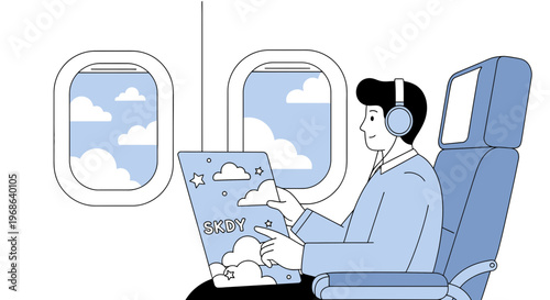 Man Listening Music on Airplane, Watching Clouds Through Window