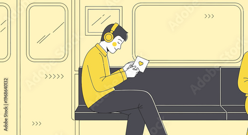 Man Listening to Music and Reading on Subway Train, Yellow and Gray Illustration