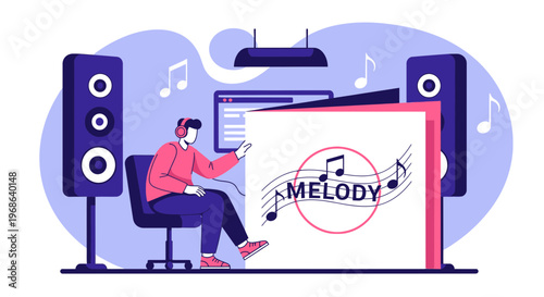 Man Listening to Music with Speakers and Vinyl Record