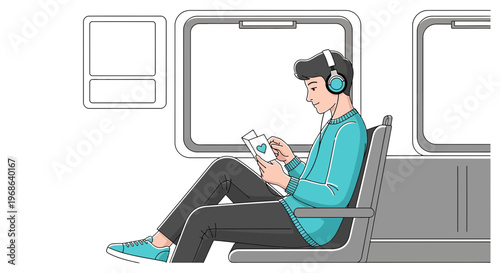 Man Listening to Music and Reading on Train Commute