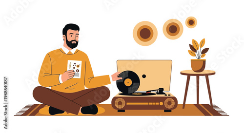 Man Listening to Vinyl Record on Turntable, Retro Music Hobby, Cozy Home Interior