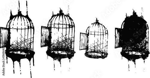 Open birdcages silhouette set empty cages with doors ajar, isolated on white background in black sketch