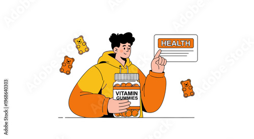 Man Holding Vitamin Gummies Bottle with Health Card and Gummy Bears