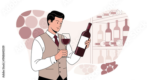 Man Holding Wine Bottle and Glass, Wine Tasting, Sommelier Profession