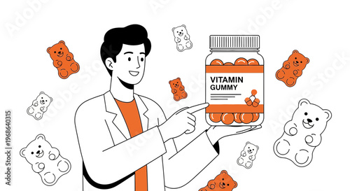Man holding vitamin gummy bottle with bear-shaped gummies floating around