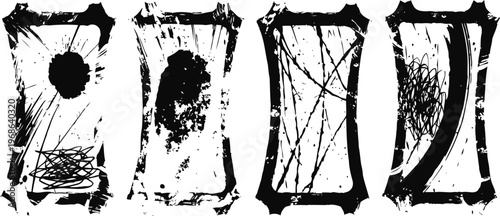 abstract black ink splatters and brush strokes on white rectangular frames with rough edges