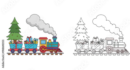 Christmas Steam Train Carrying Tree and Gifts Illustration and Coloring Page for Kids - Festive Holiday Locomotive Vector Set for Activity Book and Educational Design