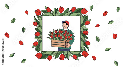 Man Holding Wooden Crate Full of Red Tulips Surrounded by Floral Frame and Falling Petals