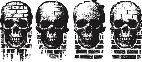 grunge skulls integrated with brick wall texture, distress urban art background design