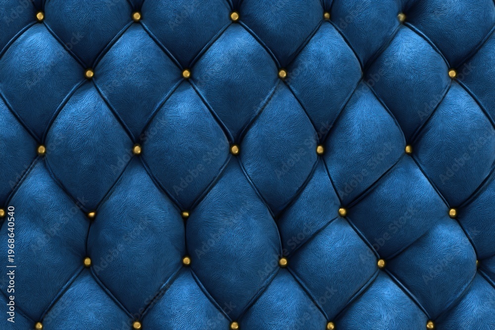 Fototapeta premium Blue Leather Tufted Upholstery with Diamond Pattern and Gold Button Details